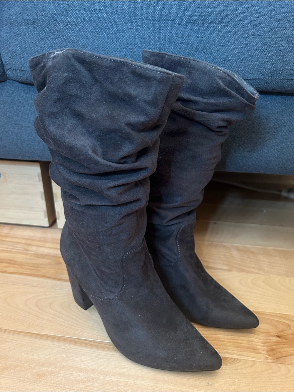 Slouchy Mid-Calf Heeled Boots in Grey Suede